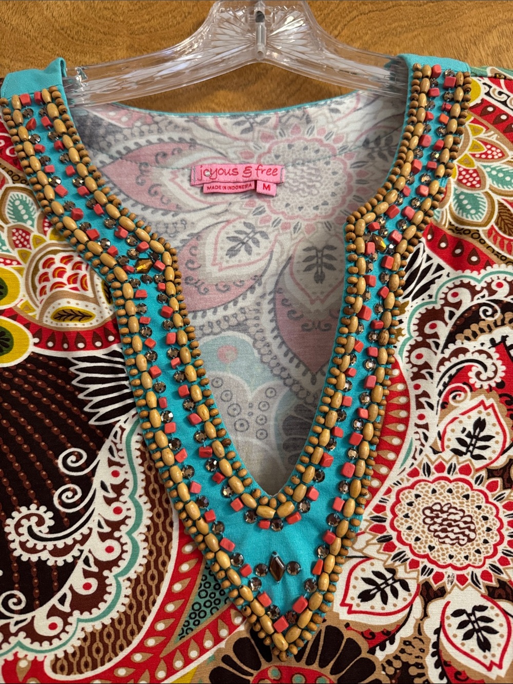 Beaded V-Neck Paisley Tunic in Brown Multi by Joyous & Free size M